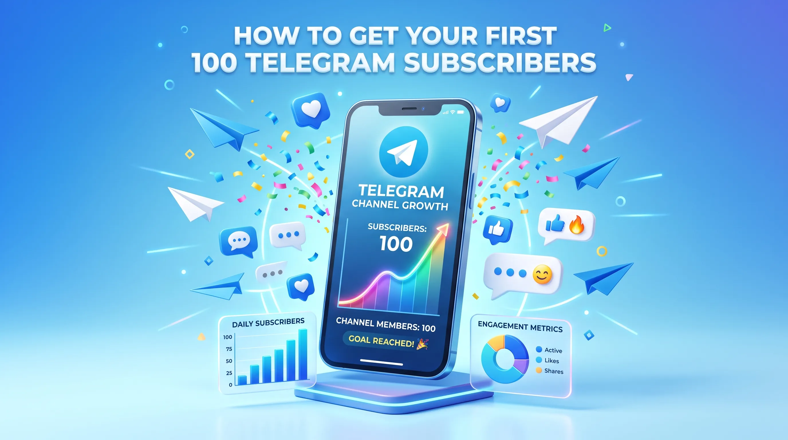 Телефон с графиком роста Telegram-канала до 100 подписчиков, вокруг — бумажные самолётики и реакции